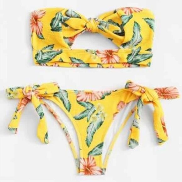 Yellow Tropical Floral Cutout Bandeau Side Tie Bikini - Picture 1 of 8